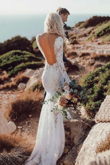 Bohemian Lace Wedding Dress Long Sleeves Backless Boho Bridal Gown - Bridelily Bohemian Lace Wedding Dress Long Sleeves Backless Boho Bridal Gown - Bridelily