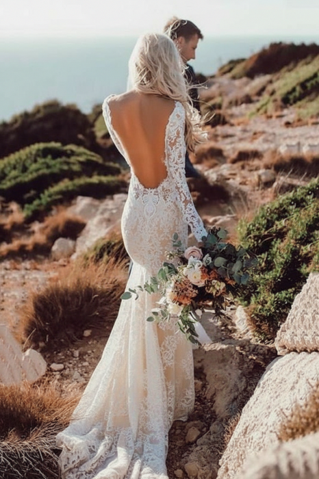 Lace Style Long Sleeve Floor Length Boho Wedding Dresses -Champagne - wedding dresses