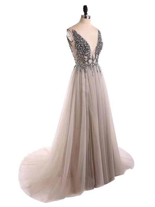 Boho Wedding Dress 2021 A Line Deep V Neck Sleeveless Straps Split Front Floor Length Prom Dresses