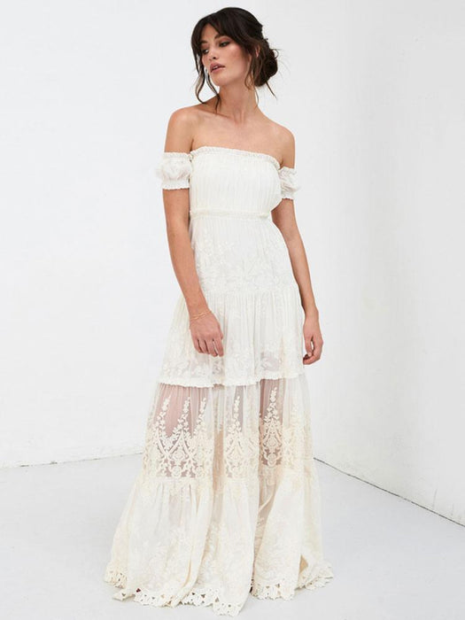 Boho Wedding Dress 2021 Lace Off The Shoulder A Line Floor Length Lace Bridal Gown