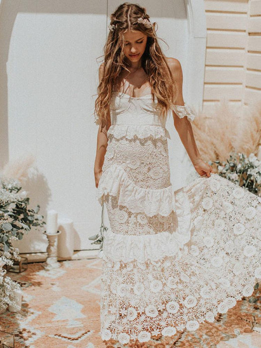 Boho Wedding Dress 2021 Off The Shoulder Floor Length Multilayer Lace Bridal Gowns