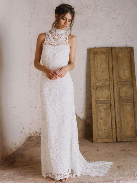 Sheath High Nec Boho Wedding Dress-Bridelily Sheath High Nec Boho Wedding Dress-Bridelily