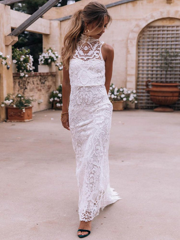 knee length dresses for ladies Custom Lace Sleeveless Plunging Spring Wedding Dress Light Ivory main image 1