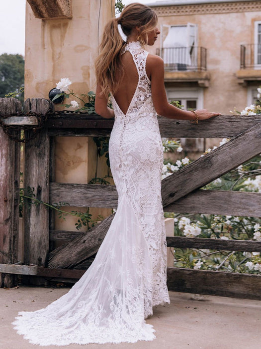 Sheath High Nec Boho Wedding Dress-Bridelily Sheath High Nec Boho Wedding Dress-Bridelily