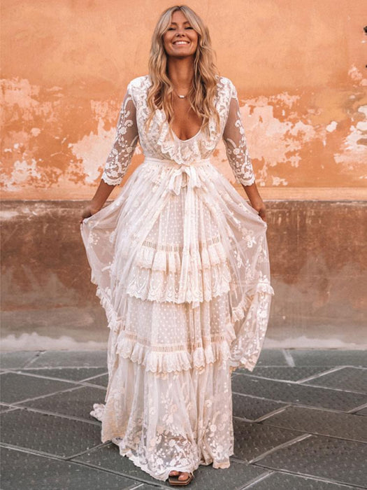 boho ruffle wedding dress Elopement A-Line Off-the-Shoulder Boho Summer Wedding Dress Destination Romantic Country Floor Length Lace Flowy Bridal Gown