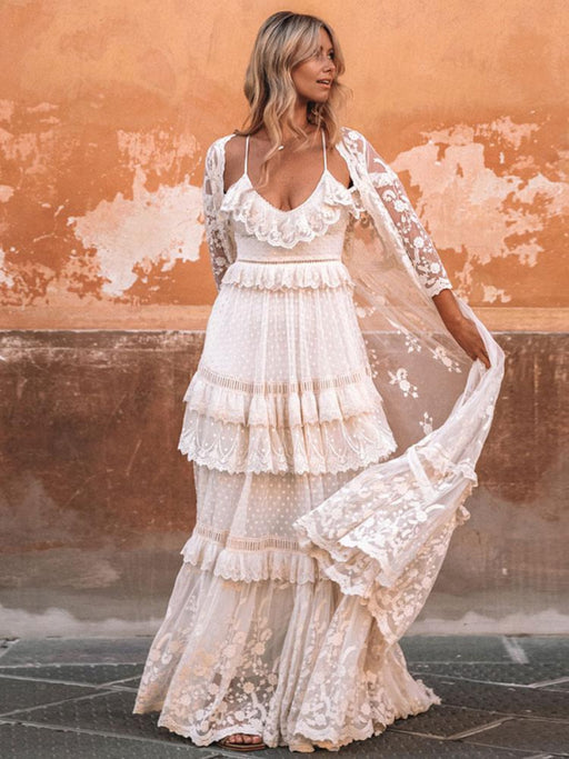 Boho Wedding Dress Suit 2021 V Neck Floor Length Lace Multilayer Bridal Gown Dress And Outfit