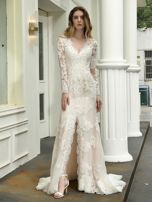 Boho Wedding Dress V Neck Sleeveless Natural Waist Lace Bridal Gowns With Train