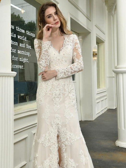 Boho Wedding Dress V Neck Sleeveless Natural Waist Lace Bridal Gowns With Train