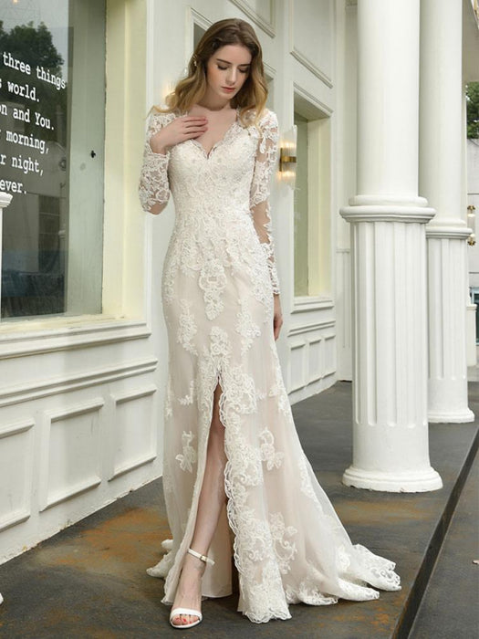 Boho Wedding Dress V Neck Sleeveless Natural Waist Lace Bridal Gowns With Train