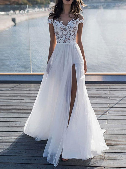 boho wedding dresses 2021 lace off the shoulder short sleeve floor length split front bridal dress with train