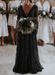 boho wedding dresses a line deep v neck Black lace chiffon beach party dress bridal gowns
