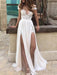 Boho Wedding Dresses 2021 Chiffon Deep V Neck Short Sleeve Lace Appliqued Split Front Beach Bridal Gowns