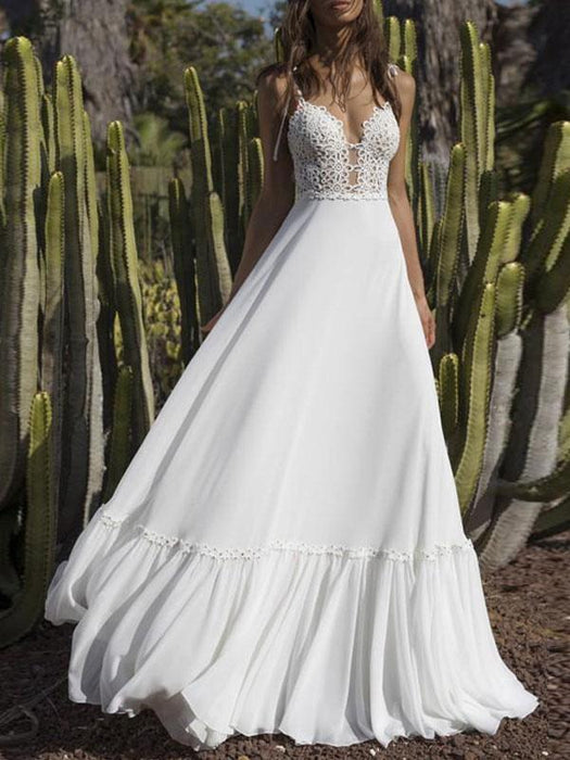 Boho Beach Wedding Dress Chiffon V-Neck A-Line Lace Gown-Bridelily