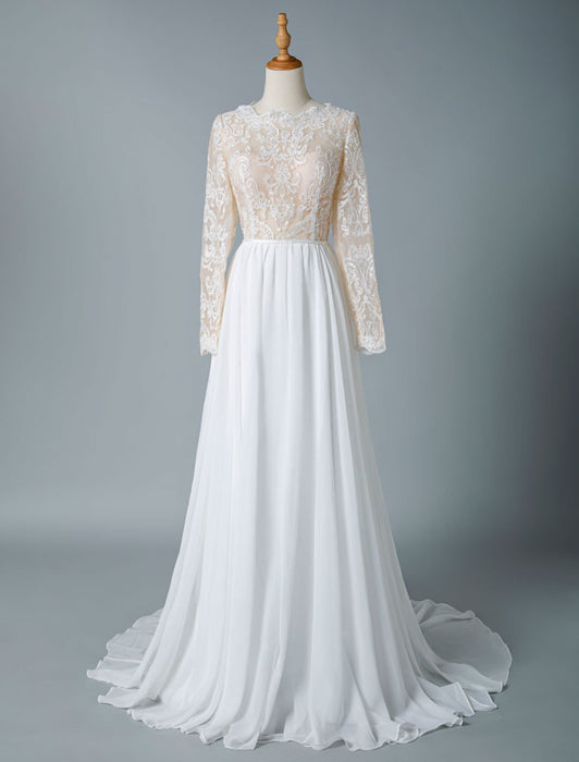 boho wedding dresses 2021 jewel neck long sleeve a line floor length chffion bridal dress for beach wedding