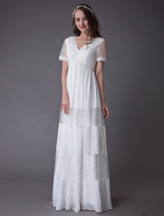 Boho Wedding Dresses Lace Chiffon Patchwork Ivory Short Sleeve Gypsy Maxi Beach Bridal Gowns