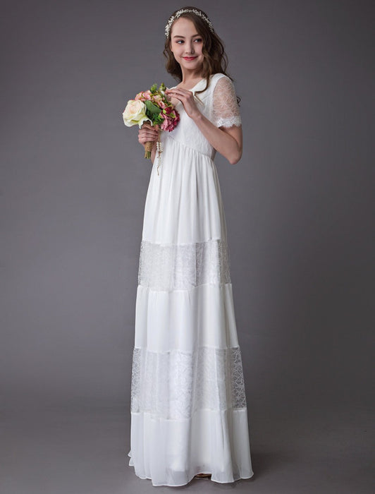 Boho Wedding Dresses Lace Chiffon Patchwork Ivory Short Sleeve Gypsy Maxi Beach Bridal Gowns