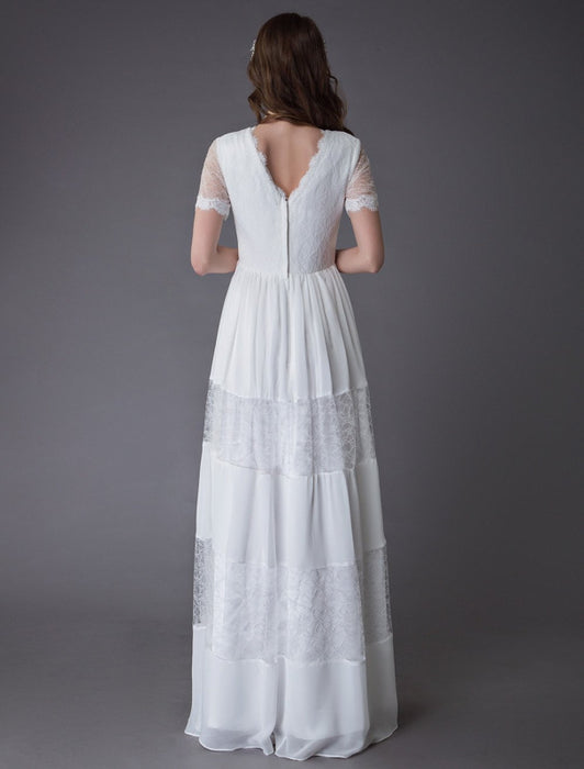 Boho Wedding Dresses Lace Chiffon Patchwork Ivory Short Sleeve Gypsy Maxi Beach Bridal Gowns