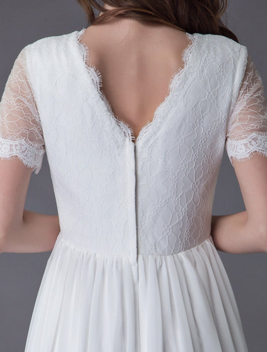 Boho Wedding Dresses Lace Chiffon Patchwork Ivory Short Sleeve Gypsy Maxi Beach Bridal Gowns