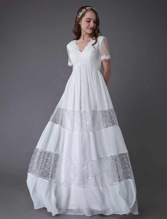 Boho Wedding Dresses Lace Chiffon Patchwork Ivory Short Sleeve Gypsy Maxi Beach Bridal Gowns