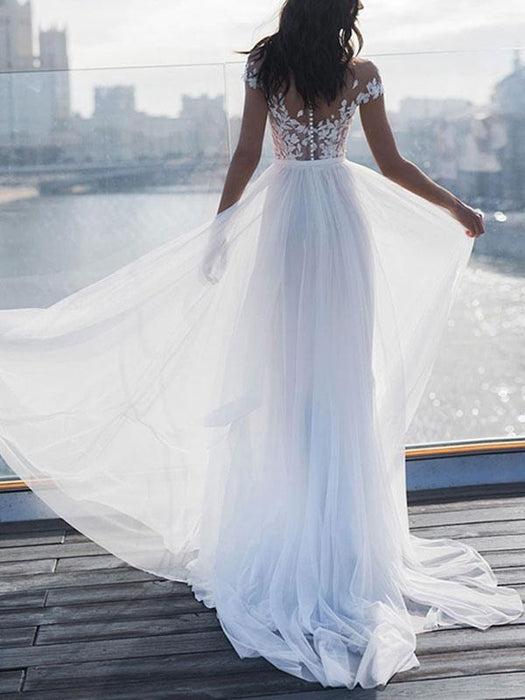 boho wedding dresses lace off the shoulder short sleeve floor length split front bridal dress with train