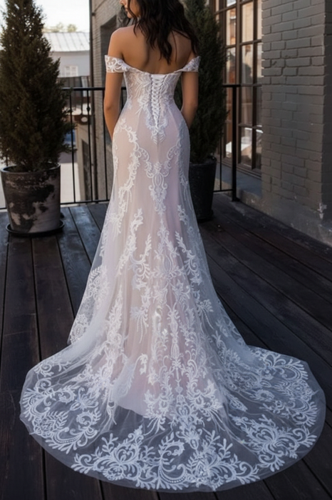 boho wedding dresses mermaid off the shoulder customized lace short sleeve floor length bridal gown with sweep train