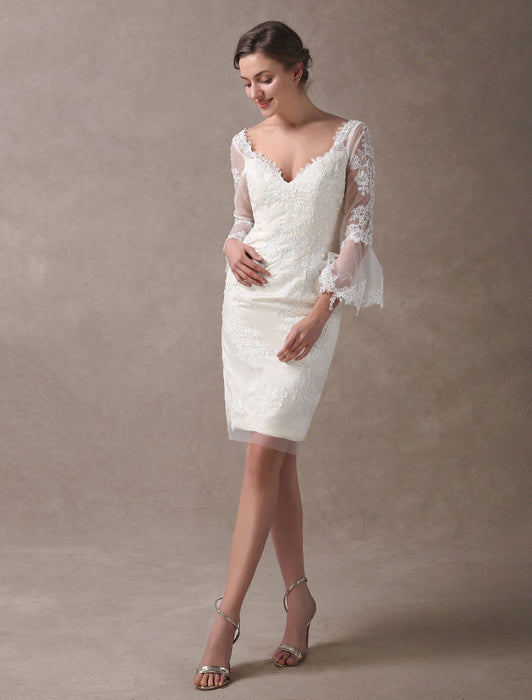 Short Sheath Beach Wedding Dresses Lace Knee Length-Bridelily Short Sheath Beach Wedding Dresses Lace Knee Length-Bridelily