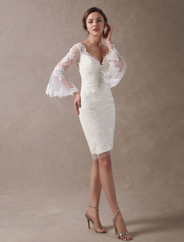 Short Sheath Beach Wedding Dresses Lace Knee Length-Bridelily Short Sheath Beach Wedding Dresses Lace Knee Length-Bridelily