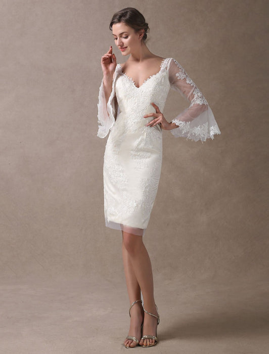Short Sheath Beach Wedding Dresses Lace Knee Length-Bridelily Short Sheath Beach Wedding Dresses Lace Knee Length-Bridelily
