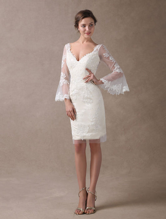 Short Sheath Beach Wedding Dresses Lace Knee Length-Bridelily Short Sheath Beach Wedding Dresses Lace Knee Length-Bridelily