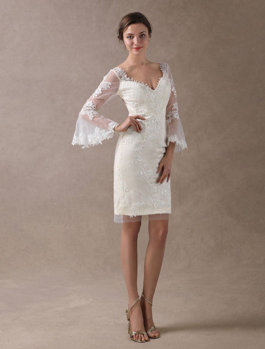 Boho Wedding Dresses Short Sheath Beach Bridal Dress Bell Sleeve Lace Applique V Neck Knee Length Summer Wedding Gowns