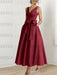 Burgundy satin mother of the bride ankle dress with bow sash and pockets