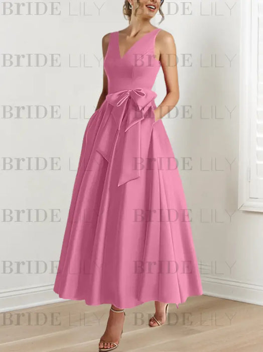 Candy Pink satin mother of the bride ankle dress with bow sash and pockets