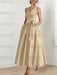 Champagne satin ankle length dress with a bow sash