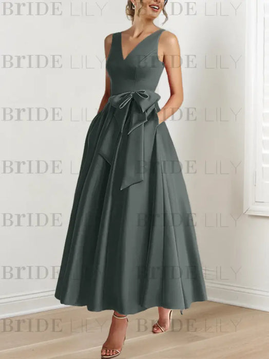Charcoal Gray satin mother of the bride ankle dress with bow sash and pockets