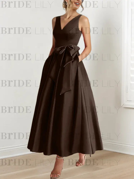 Chocolate satin mother of the bride ankle dress with bow sash and pockets