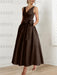 Chocolate satin mother of the bride ankle dress with bow sash and pockets