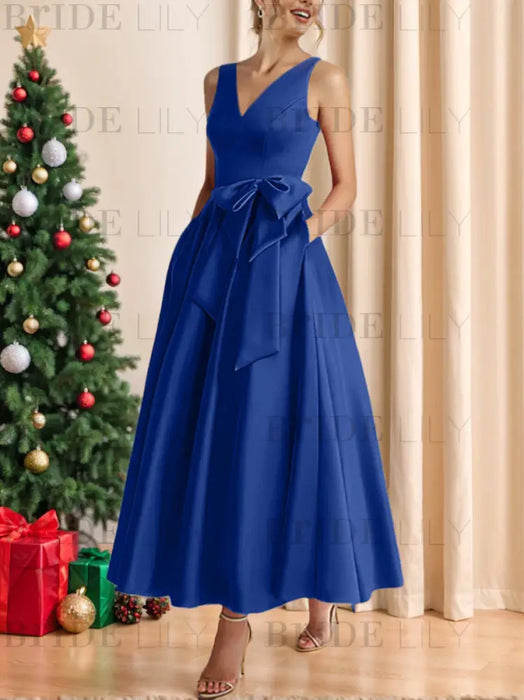 Christmas satin mother of the bride ankle dress with bow sash and pockets