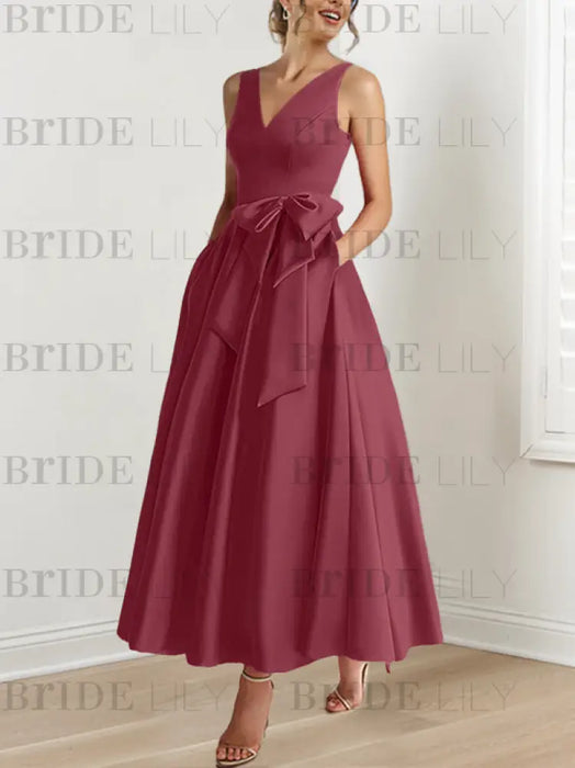Cinnamon Rose satin mother of the bride ankle dress with bow sash and pockets