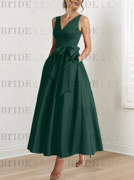 Dark Green satin mother of the bride ankle dress with bow sash and pockets