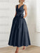 Dark Navy satin mother of the bride ankle dress with bow sash and pockets