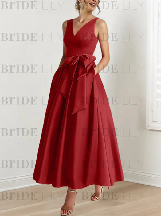 Dark Red satin mother of the bride ankle dress with bow sash and pockets