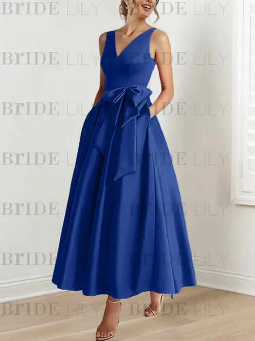 Dark Royal Blue satin mother of the bride ankle dress with bow sash and pockets