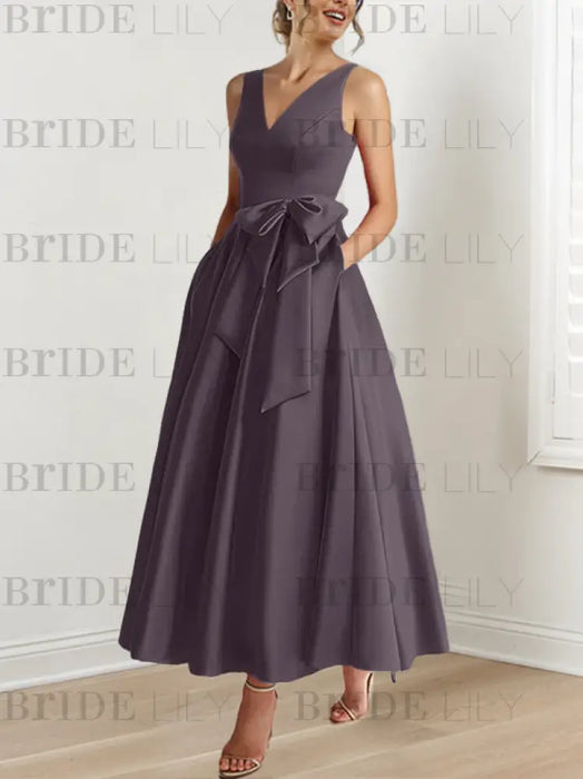 Dusk satin mother of the bride ankle dress with bow sash and pockets