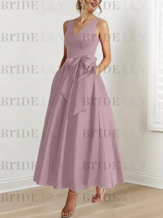 Dusty Rose satin mother of the bride ankle dress with bow sash and pockets