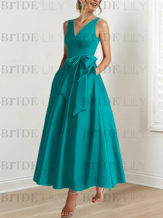 Emerald Green satin mother of the bride ankle dress with bow sash and pockets