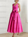 Fuchsia satin ankle length dress with a bow sash