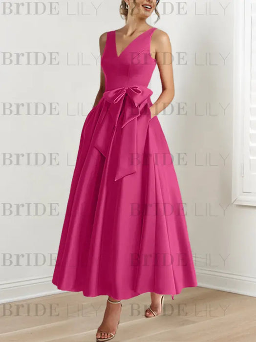 Fuchsia satin mother of the bride ankle dress with bow sash and pockets