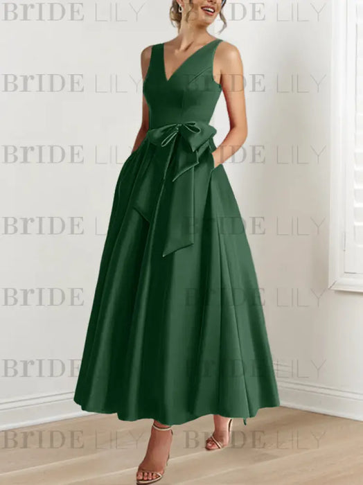 Green Black satin mother of the bride ankle dress with bow sash and pockets
