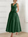 Green Black satin mother of the bride ankle dress with bow sash and pockets