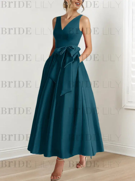 Ink Blue satin mother of the bride ankle dress with bow sash and pockets